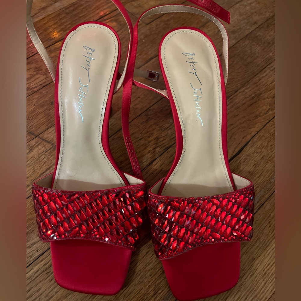 Betsey Johnson SB-Britt heeled sandals in red with rhinestone embellishments.